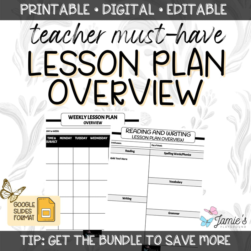 Editable Weekly Lesson Plan Template in Google Slides | Black & White theme