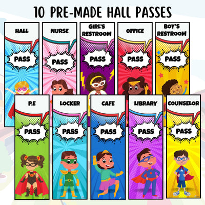 Hall Passes 1 - EDITABLE Superhero Theme Classroom Hall Passes