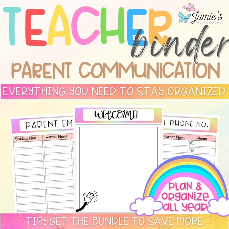 Editable Binder Documents for Teacher Binder and Planner | Parent Communication - Rainbow theme