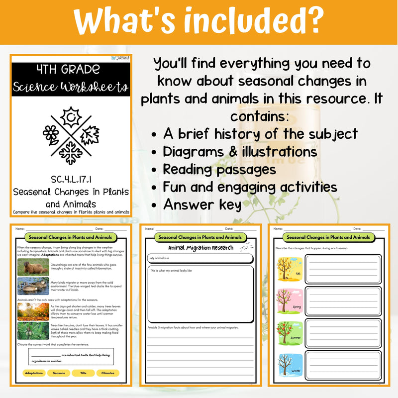 Seasonal Changes in Plants and Animals Activity & Answer Key 4th Grade Life Science