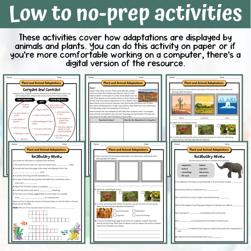 Plant and Animal Adaptations Activity & Answer Key 5th Grade Life Science