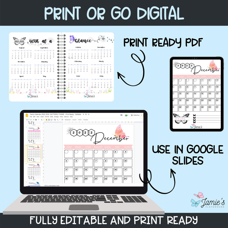 Editable Teacher Binder | Year and Month at a Glance Calendar 2023 | Butterfly theme