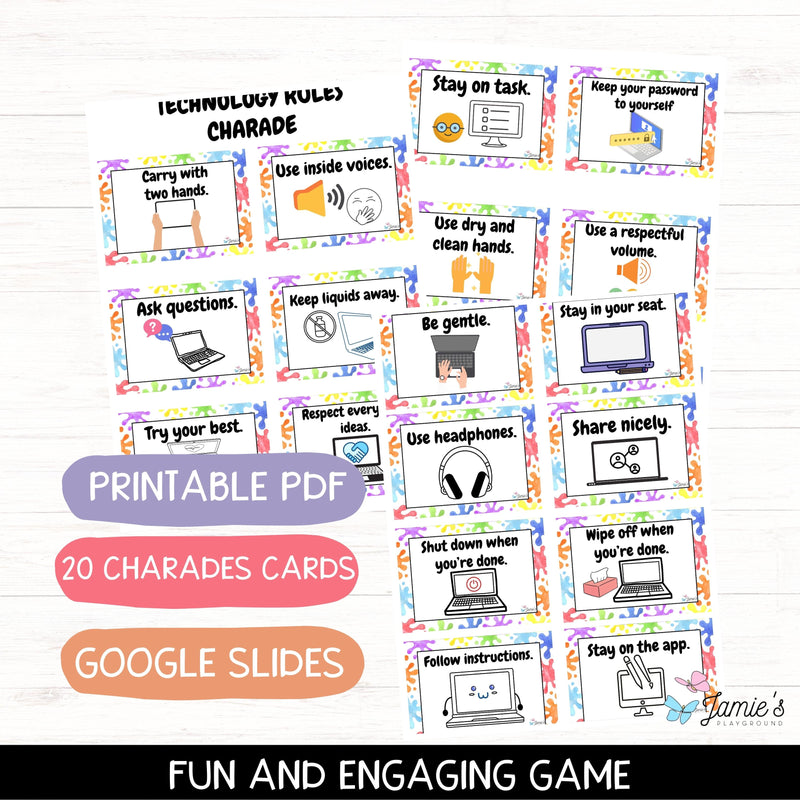 Technology Rules Charades Cards EDITABLE (Colorful): Back to School Activity