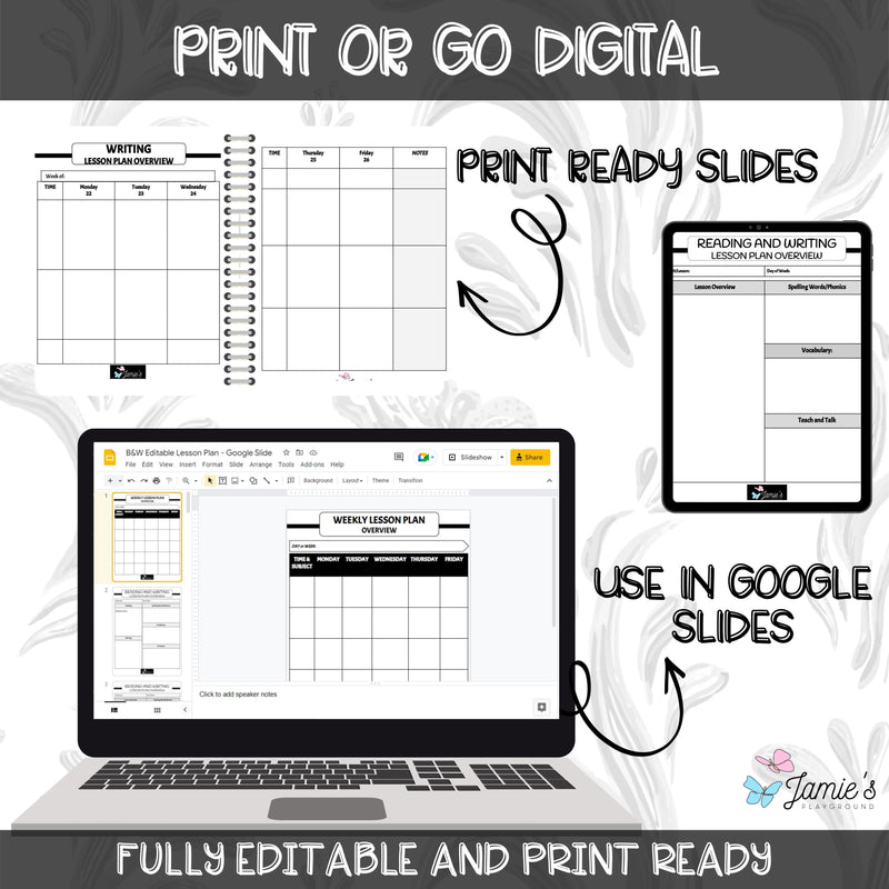 Editable Weekly Lesson Plan Template in Google Slides | Black & White theme