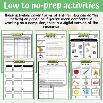 Forms of Energy Activity & Answer Key 4th Grade Physical Science