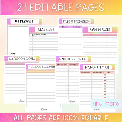 Editable Binder Documents for Teacher Binder and Planner | Parent Communication - Rainbow theme