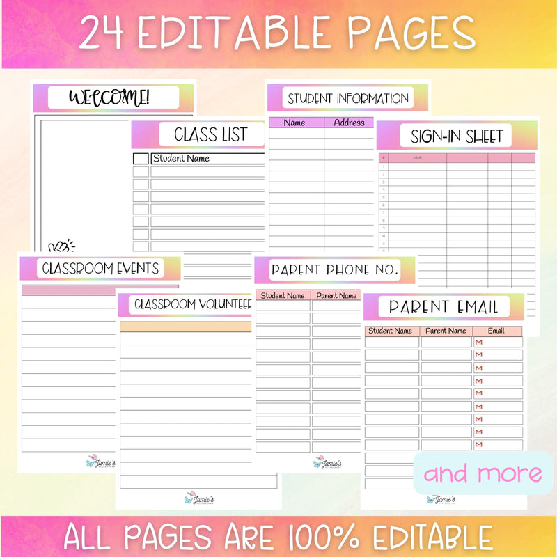 Editable Binder Documents for Teacher Binder and Planner | Parent Communication - Rainbow theme