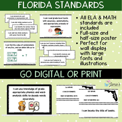 Florida BEST Standards: 1st Grade MATH & ELA I Can Statements - BUNDLE