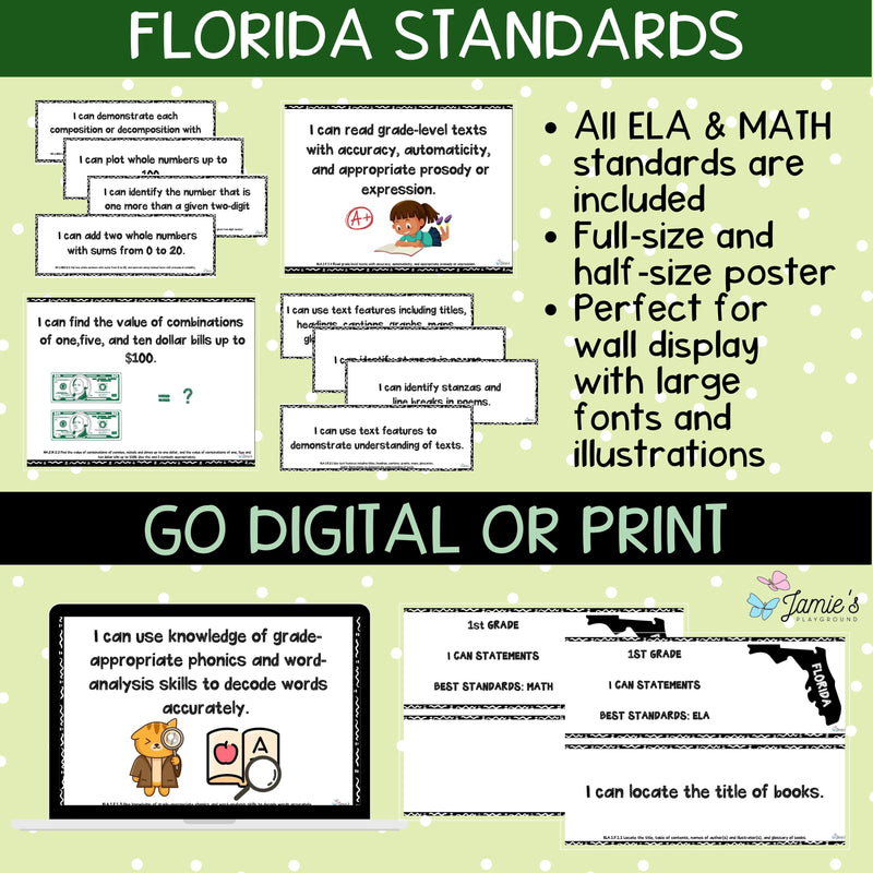 Florida BEST Standards: 1st Grade MATH & ELA I Can Statements - BUNDLE