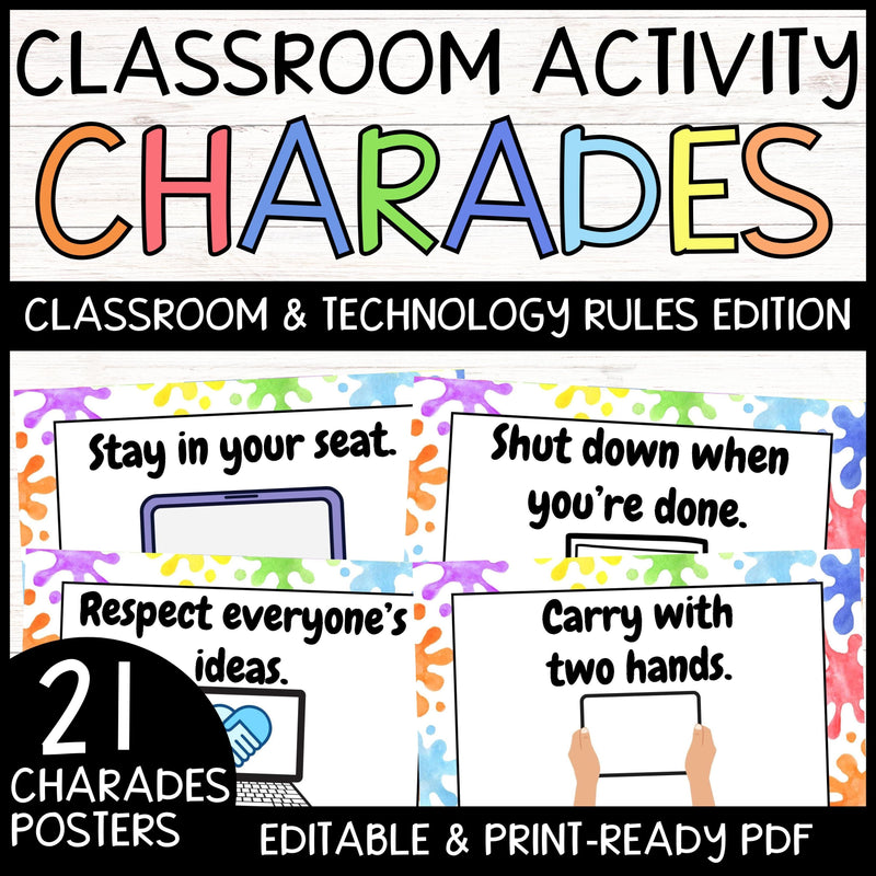 Technology Rules Charades Posters EDITABLE (Colorful): Back to School Activity