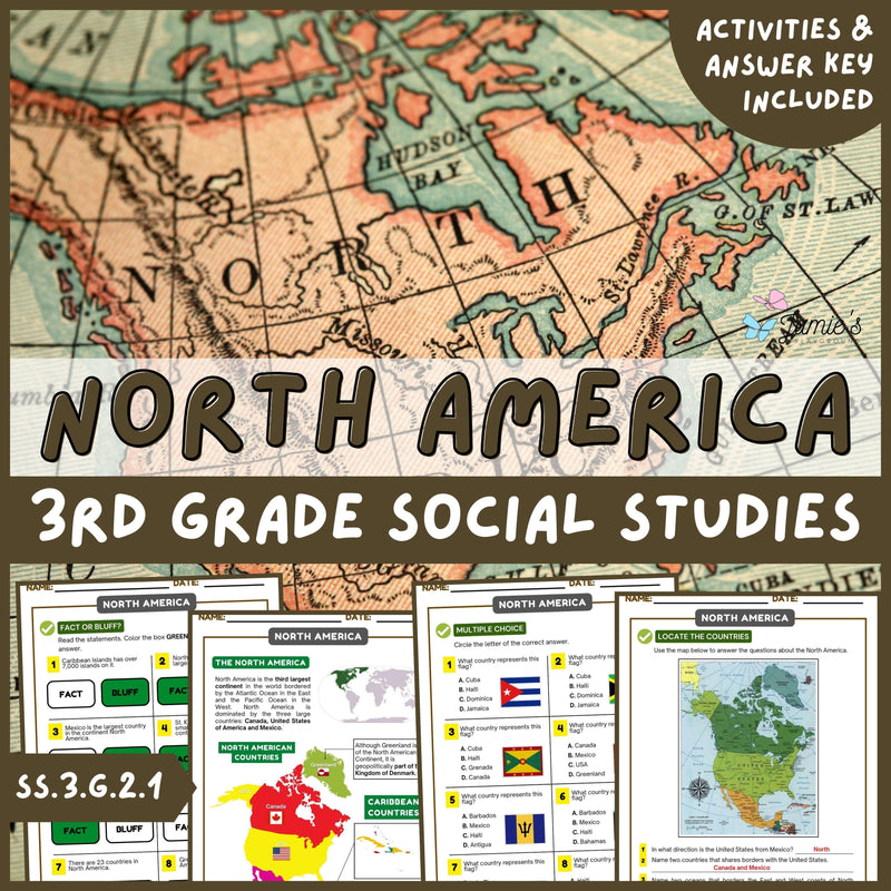 North America Map Activity & Answer Key 3rd Grade Social Studies