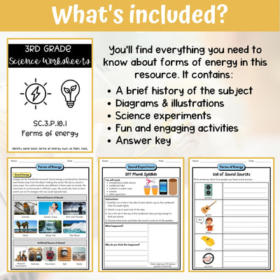 Forms of Energy Activity & Answer Key 3rd Grade Physical Science