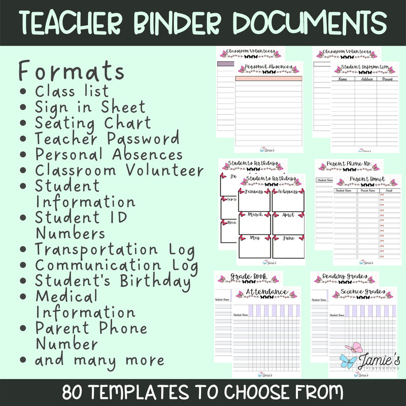 Editable Binder Documents for Teacher Binder and Planner | Butterfly theme