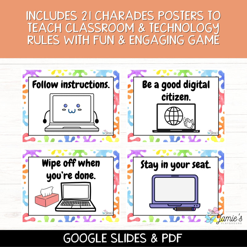 Technology Rules Charades Posters EDITABLE (Colorful): Back to School Activity