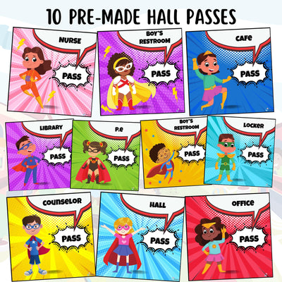 Hall Passes 2 - EDITABLE Superhero Theme Classroom Hall Passes