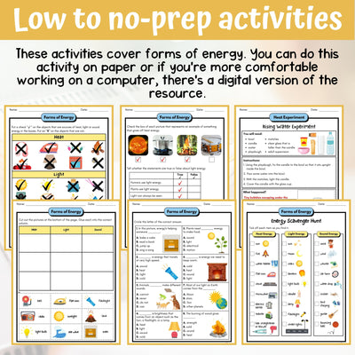 Forms of Energy Activity & Answer Key 3rd Grade Physical Science