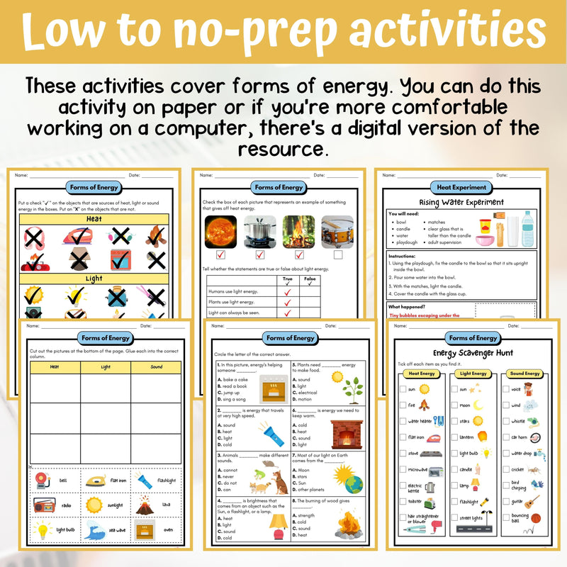 Forms of Energy Activity & Answer Key 3rd Grade Physical Science