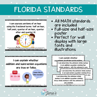 Florida BEST Standards: 2nd Grade MATH I Can Statements - Full & Half Pages