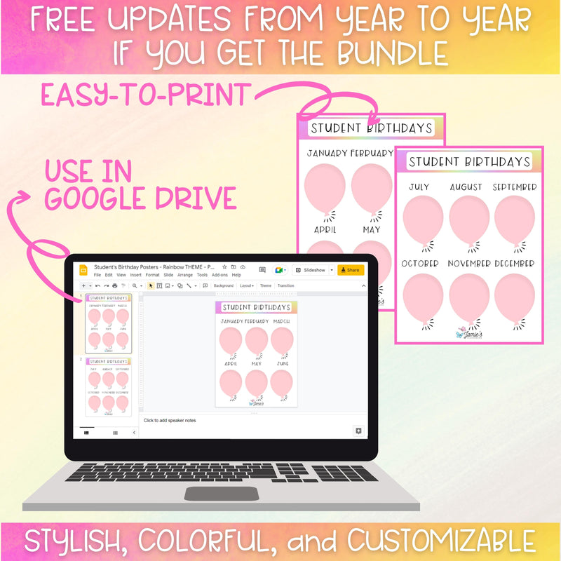 Editable Binder Documents for Teacher Binder and Planner | Birthday Posters - Rainbow theme