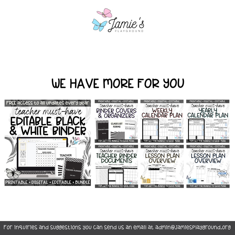 Editable Binder Documents for Teacher Binder and Planner | Black & White theme