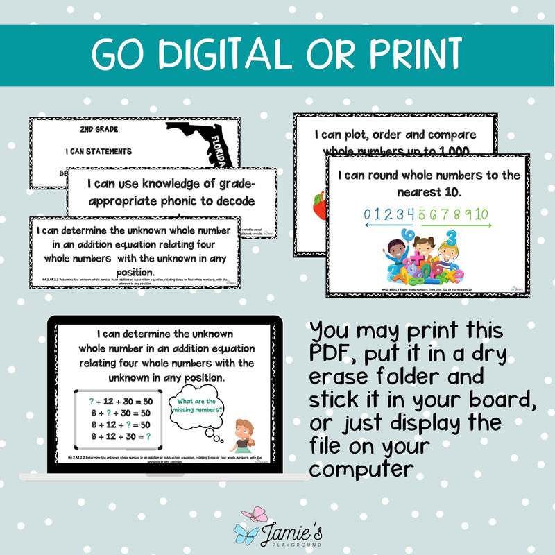 Florida BEST Standards: 2nd Grade MATH I Can Statements - Full & Half Pages