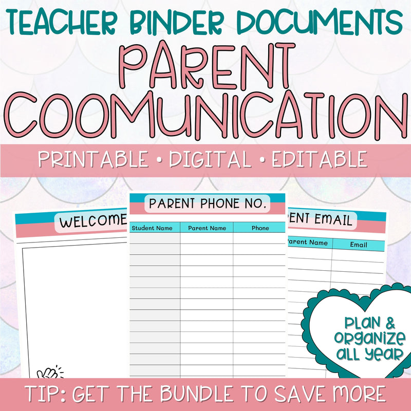 Teacher Binders/Planner - Binder Documents: Parent Communication & Conference - Pink & Teal