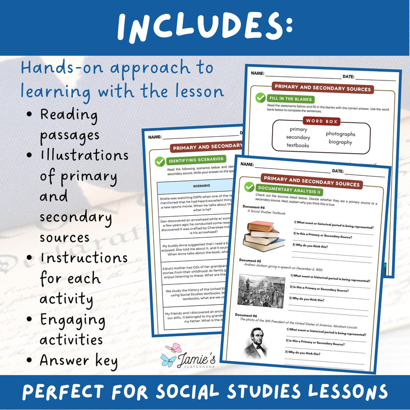 Primary and Secondary Sources Activity & Answer Key 3rd Grade Social Studies