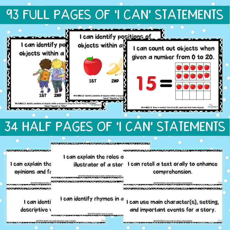 Florida BEST Standards: Kindergarten MATH I Can Statements - Full & Half Pages