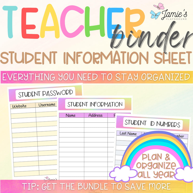 Editable Binder Documents for Teacher Binder and Planner | Student Information - Rainbow theme