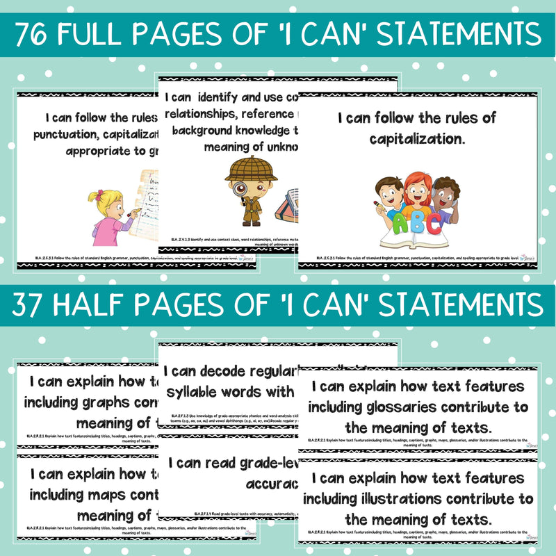 Florida BEST Standards: 2nd Grade ELA I Can Statements - Full & Half Pages