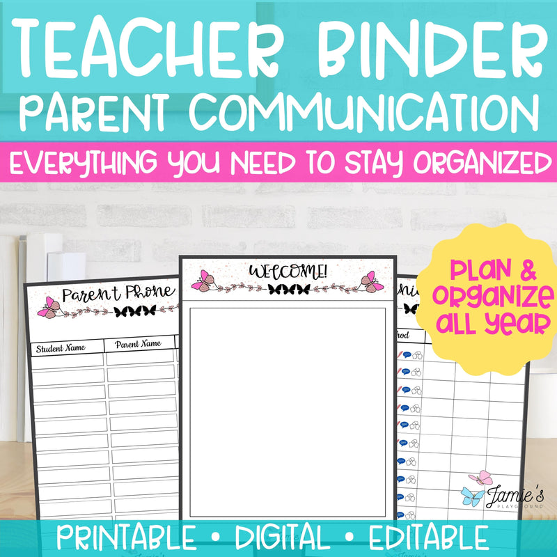 Editable Binder Documents for Teacher Binder and Planner | Parent Communication - Butterfly Theme