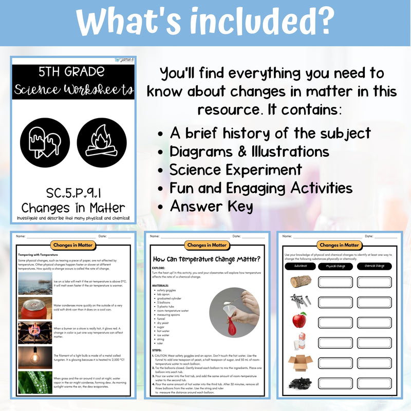 Changes in Matter Activity & Answer Key 5th Grade Physical Science