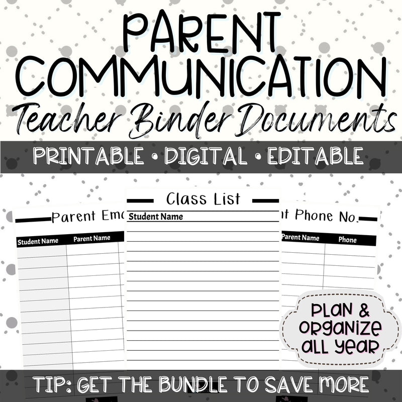 Editable Binder Documents for Teacher Binder and Planner | Parent Communication - Black & White theme