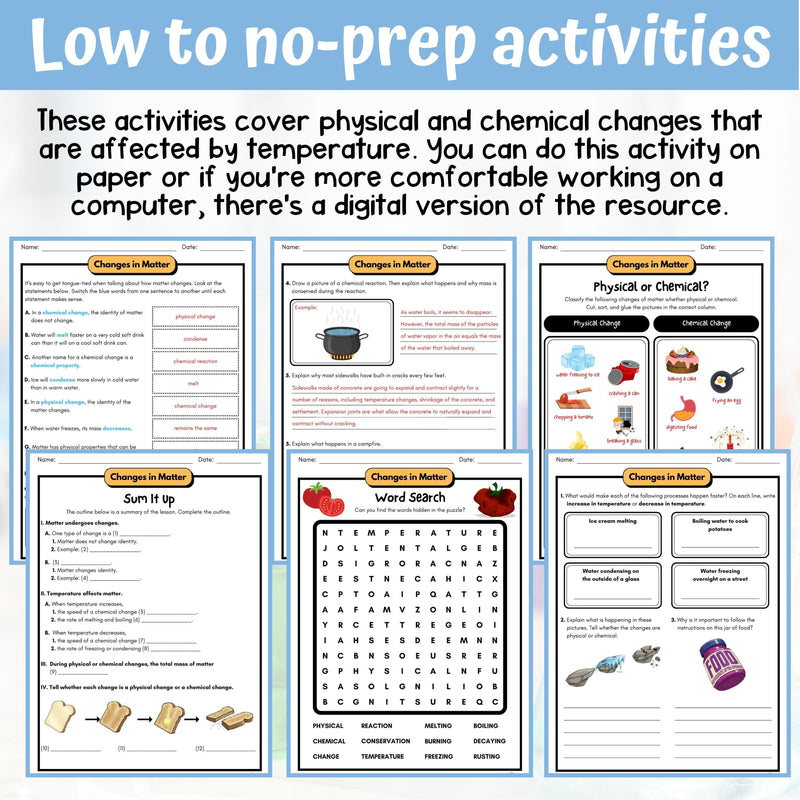 Changes in Matter Activity & Answer Key 5th Grade Physical Science