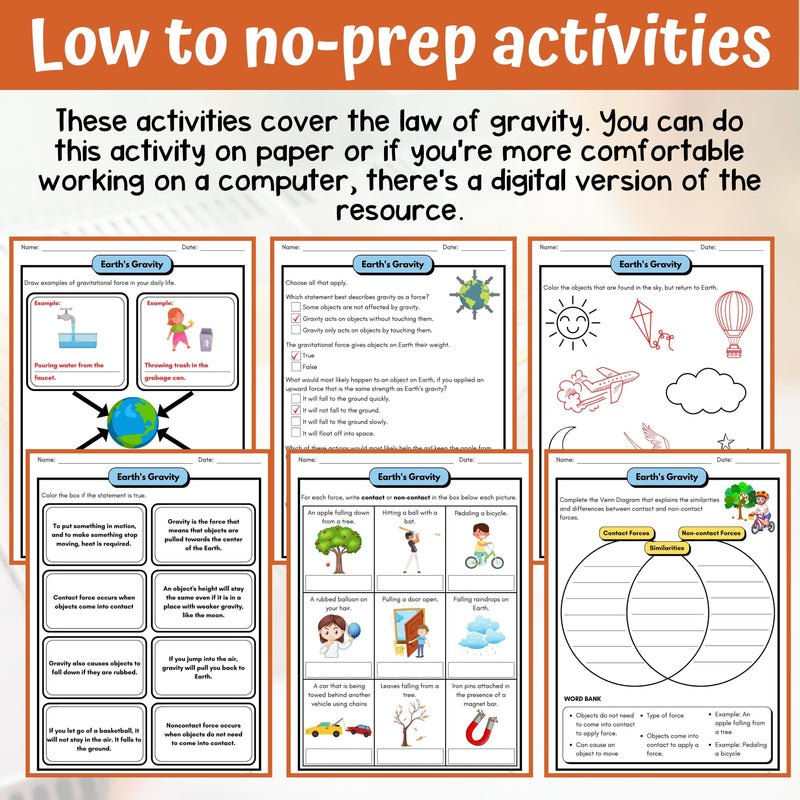 Gravity Activity & Answer Key 3rd Grade Earth & Space Science