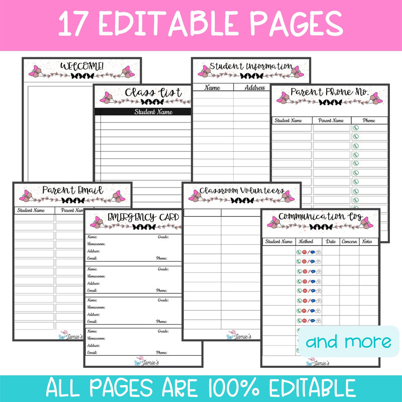 Editable Binder Documents for Teacher Binder and Planner | Parent Communication - Butterfly Theme