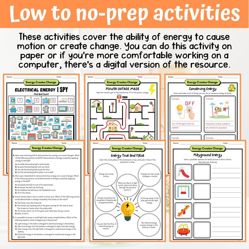 Forms of Energy Activity & Answer Key 4th Grade Physical Science