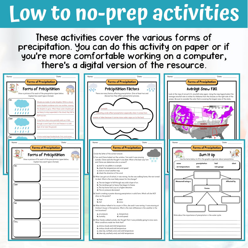 Types of Precipitation Activity & Answer Key 5th Grade Earth Science