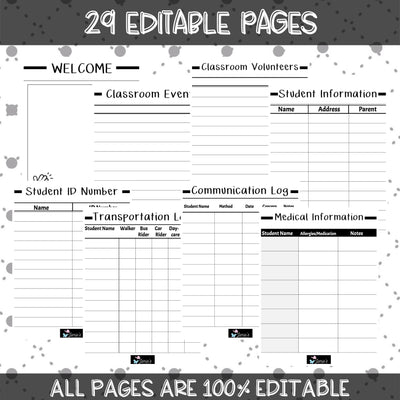 Editable Binder Documents for Teacher Binder and Planner | Parent Communication - Black & White theme