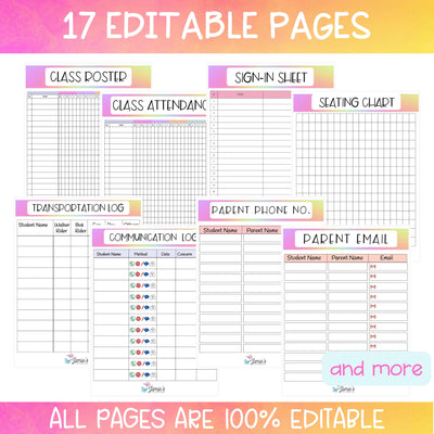 Editable Binder Documents for Teacher Binder and Planner | Student Information - Rainbow theme