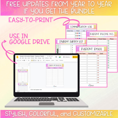 Editable Binder Documents for Teacher Binder and Planner | Student Information - Rainbow theme