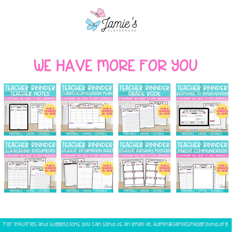 Editable Binder Documents for Teacher Binder and Planner | Grade Book - Butterfly theme