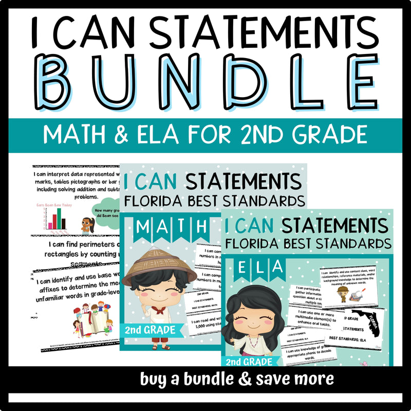 Florida BEST Standards: 2nd Grade MATH & ELA I Can Statements - BUNDLE