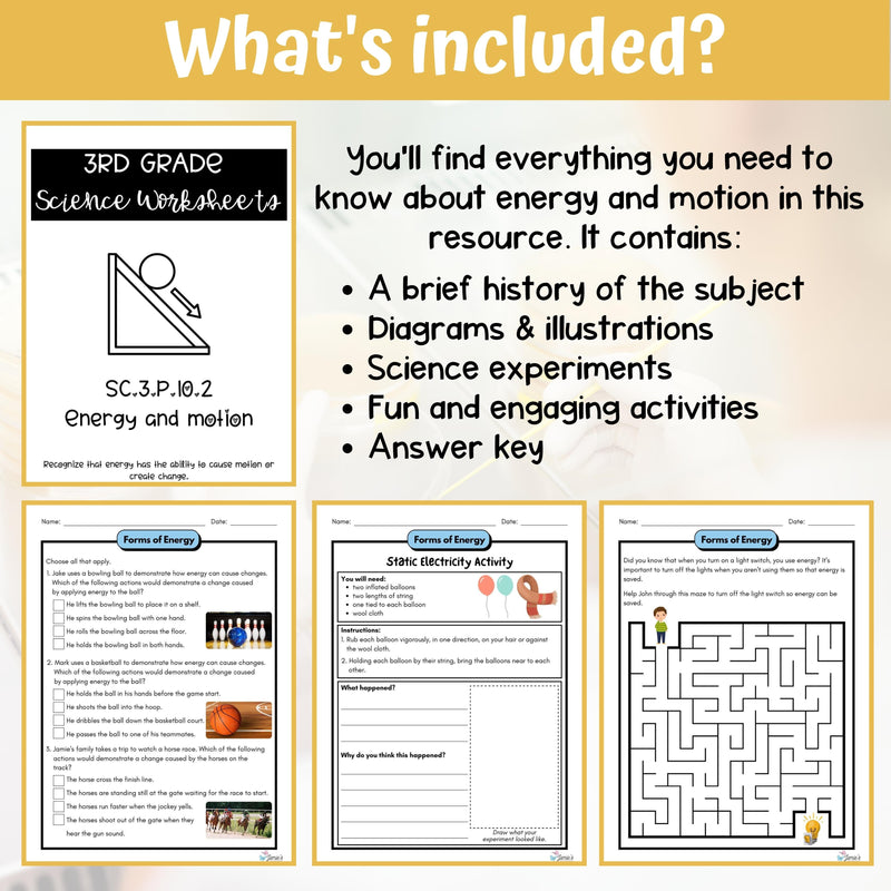 Potential and Kinetic Energy Activity & Answer Key 3rd Grade Physical Science