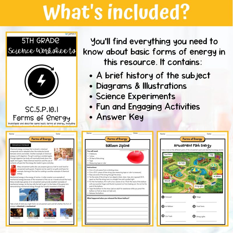 Forms of Energy Activity & Answer Key 5th Grade Physical Science