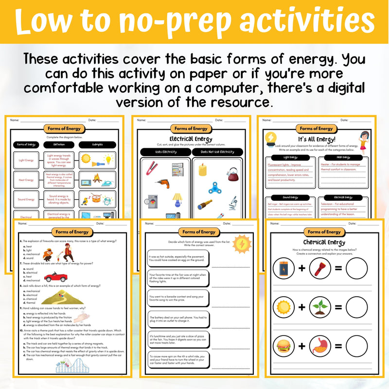 Forms of Energy Activity & Answer Key 5th Grade Physical Science