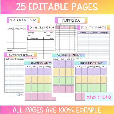 Editable Binder Documents for Teacher Binder and Planner | ELA Documents - Rainbow theme