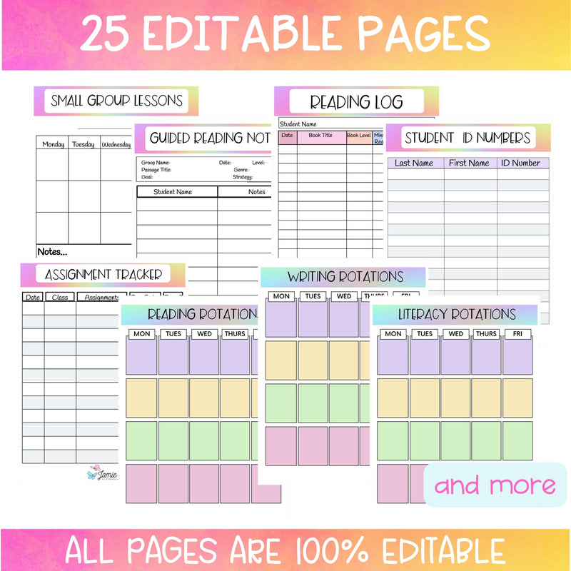 Editable Binder Documents for Teacher Binder and Planner | ELA Documents - Rainbow theme