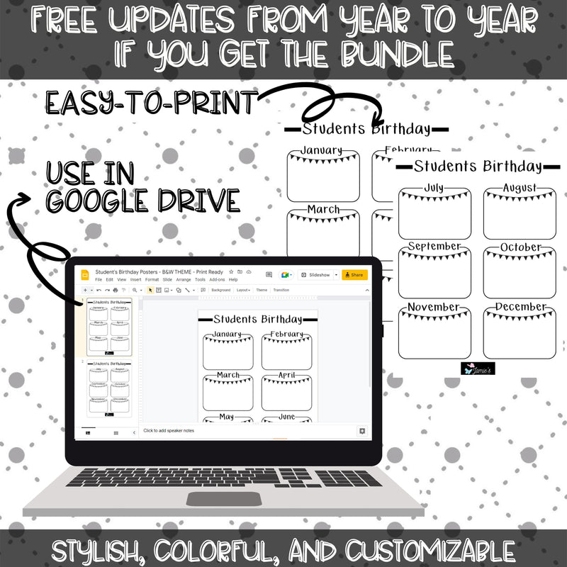 Editable Binder Documents for Teacher Binder and Planner | Birthday Posters - Black & White theme