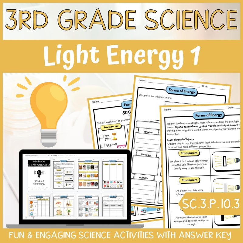 Light Energy Activity & Answer Key 3rd Grade Physical Science